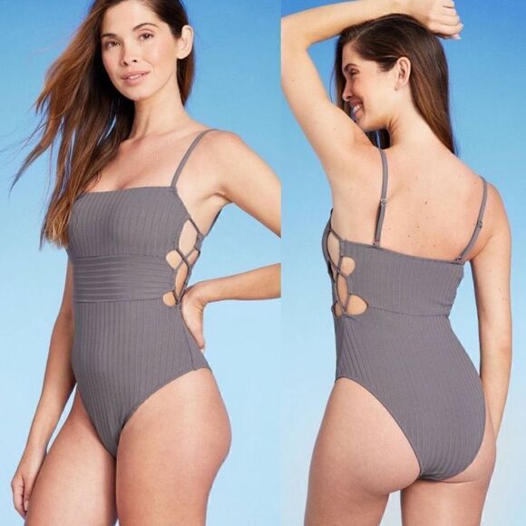 Shade & Shore Gray Ribbed One Piece Swim Suit Size Medium - Picture 1 of 7